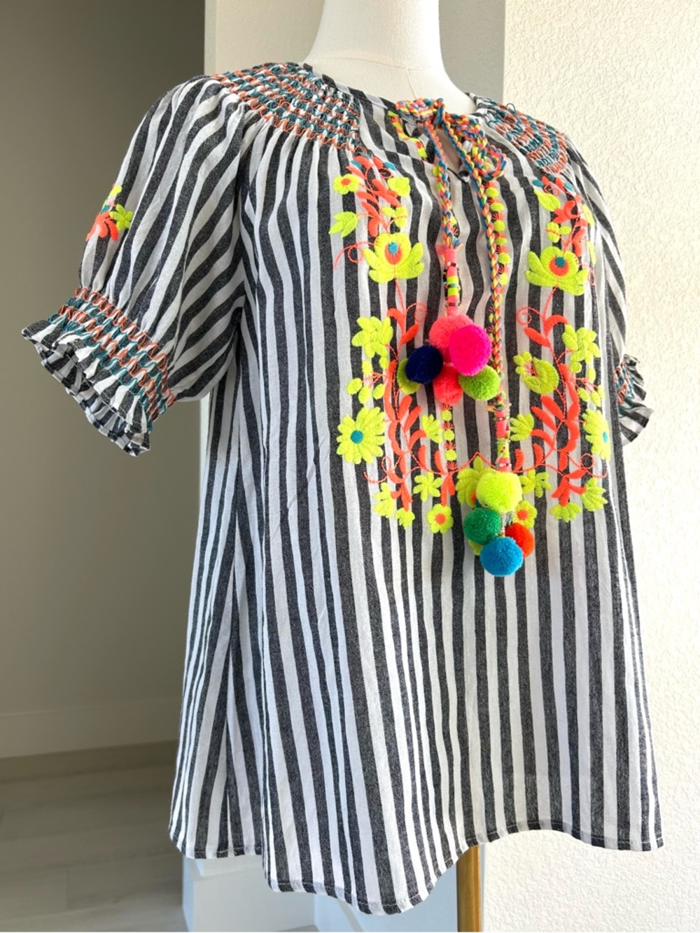 See and be Seen Black White Striped Neon Embroidered Pom Pom Top S